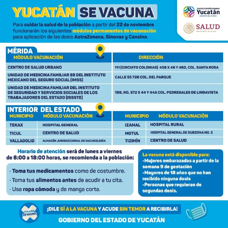 Abrirán módulos permanentes de vacunación contra la Covid19 en Yucatán