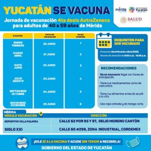 Personas de 40 a 59 años de edad de Mérida comenzarán a recibir la cuarta dosis de refuerzo contra el Coronavirus