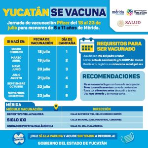 Menores de 5 a 11 años de Mérida recibirán vacuna contra el Coronavirus del 18 al 23 de julio