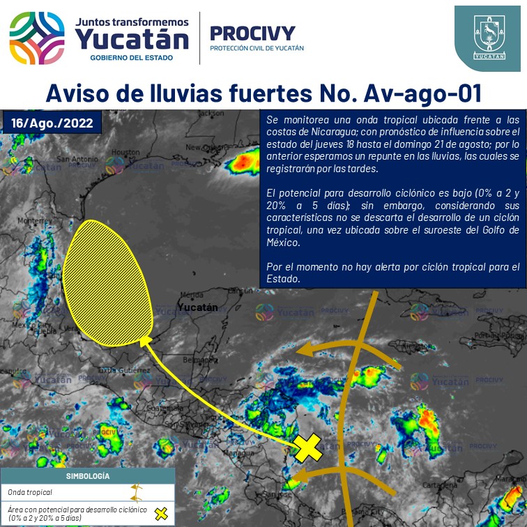 Onda tropical provocará lluvias en Yucatán, a partir de este jueves