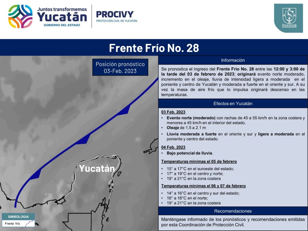 Advierte Procivy del ingreso del frente frío 28, a partir del próximo viernes