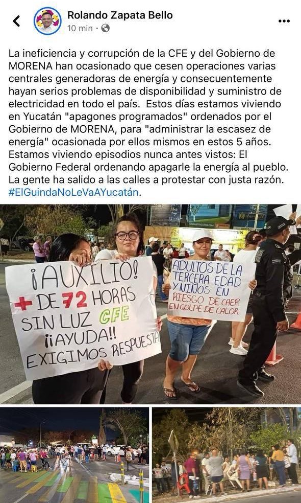 Rolando Zapata acusa ineficiencia y corrupción de Morena como causa de los apagones